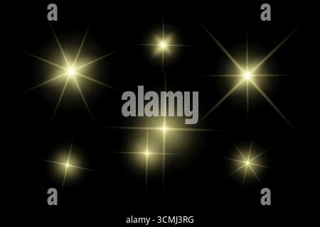 Goldene Funkellichter, Blitzlichter, Lichteffekte, Sonnenlichtlinsen, strahlende Strahlen, funkelnder Sternenhimmel auf schwarzem Hintergrund. Stock Vektor
