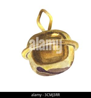 Aquarellabbildung, isoliert. Goldene, glänzende Weihnachtsbaumglocke. Zum Dekorieren des Weihnachtsbaums, Heim, Karten, Geschenke. Stockfoto