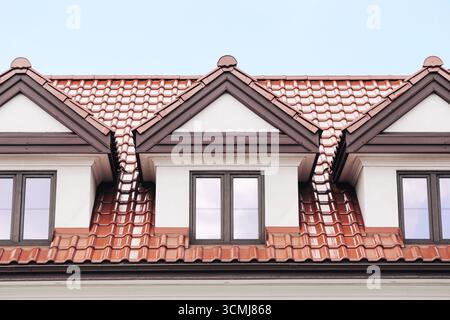 Dachfenster auf dem Dach des Gebudes mit Blumenksten an einem sonnigen  Tag Stockfotografie - Alamy