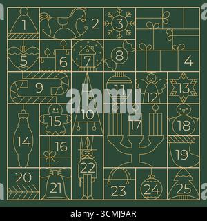 Elegantes, luxuriöses Adventskalender-Gitterkonzept mit Zahlen. Dünne goldene, lineare geometrische Boxen mit niedlichen dezember-Elementen für den Winter. Stock Vektor