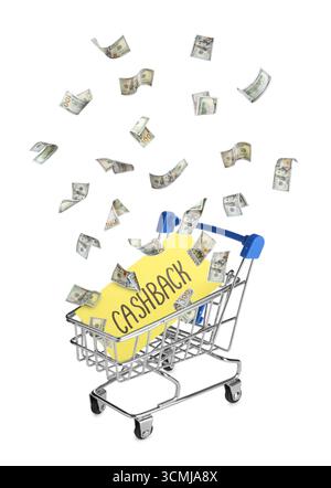 Geld fällt in den Warenkorb, mit Geldrückzahlung auf weißem Hintergrund Stockfoto