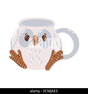 Niedliche Tasse in Eulenform. Illustration des Vektors auf weißem Hintergrund isoliert. Kuscheliger Herbstbecher. Becher mit Tier. Stock Vektor