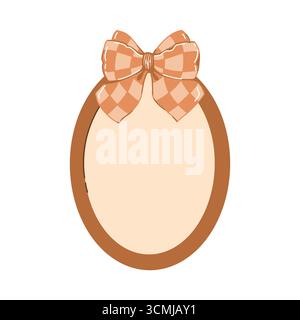 Niedlicher ovaler Vintage-Retro-Rahmen mit karierter Schleife. Handgezeichnete Vorlage. Vintage-Holzrahmen für Fotos, Spiegel, Beschriftungen. Flache Vektorillustration in Brauntönen. Stock Vektor