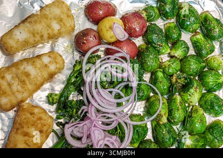 Miami Beach Florida, Kochplatte Pfanne Mahlzeit, Ofen bereit Abendessen Vorbereitung, gesunde Ernährung Konzept, ungekochte panierte Weißfischfilets, Gemüse Gewürz Stockfoto