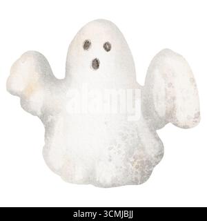 Aquarellgespenst in einem Blatt, das in der Luft schwebt. Handgezeichnete Illustration mit Halloween-Geist, Clipart, Fliegen, Stoff, Charakter, geisterhaft, Kostüm, s Stockfoto