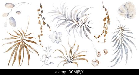 Tropische Palmblätter und Pflanzen Clipart. Hand gezeichnete botanische Aquarellillustration von isoliertem Laub und Zweigen für Dekoration, Hochzeitsdesign, Stockfoto
