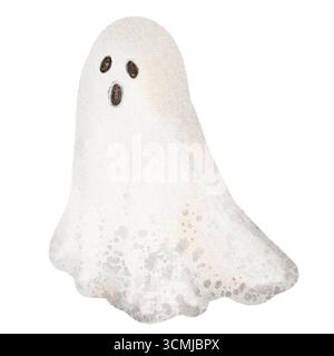 Aquarellgespenst in einem Blatt, das in der Luft schwebt. Handgezeichnete Illustration mit Halloween-Geist, Clipart, Fliegen, Stoff, Charakter, geisterhaft, Kostüm, s Stockfoto