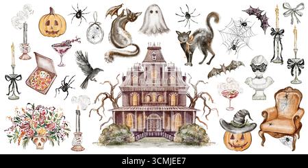 Halloween Clipart Aquarellkollektion mit Schädel, Krähe, Kürbis, Spinne, Hexenhut, Geister, Vampir, schwarze Katze, Spinnennetz, Spinnennetz, Kerze und vario Stockfoto