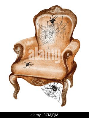 Aquarellzeichnung eines Vintage-Sessels in Orange mit Spinnweben. Antike Möbel mit geschnitzten Details. Ideal für Innenräume, Dekoration oder Hallow Stockfoto