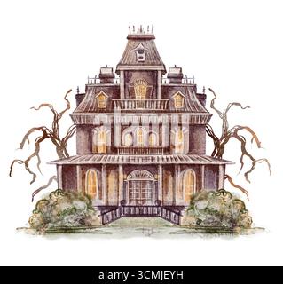 Aquarellzeichnung eines gespenstischen Herrenhauses mit leuchtenden Fenstern und mittelalterlicher Architektur. Gotische Türme und gruselige Bäume schaffen eine dunkle, mystische Szene Stockfoto