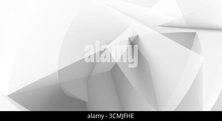Eine moderne Grafik mit überlappenden weißen geometrischen Formen, die eine Komposition aus Winkeln und Kurven erzeugen. Perfekt für Designprojekte, Präsentationen, Stockfoto