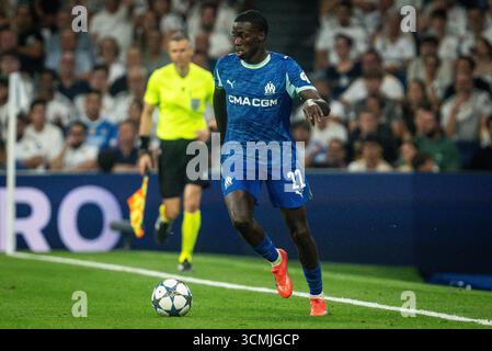 Madrid, Espagne. September 2025. Timothy WEAH von Marseille während der UEFA Champions League, League-Phase, Fußballspiel am 1. Spieltag zwischen Real Madrid CF und Olympique de Marseille am 16. September 2025 im Santiago Bernabeu Stadion in Madrid, Spanien - Foto Matthieu Mirville/DPPI Credit: DPPI Media/Alamy Live News Stockfoto