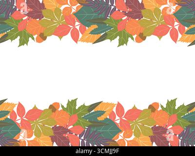 Der Fall hinterlässt den Vektorhintergrund mit Eicheln. Flache Herbstblätter auf weißem Hintergrund. Natürliche Vektordekor für Stoff, Tapeten, Abdeckungen, Innendekoration Stock Vektor