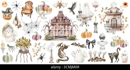 Halloween Clipart Bundle mit Kürbis, Geist, Hexe, Fledermaus, Katze, Krähe, Spinne, Kerze, Spiegel und Schloss. Handgezeichnete Aquarellelemente für Aufkleber, Stockfoto