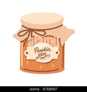 Glas mit Kürbismarmelade. Illustration der Vektorabwicklung. Gemütliche Herbstattribute. Niedliches Clipart isoliert auf weißem Hintergrund Stock Vektor