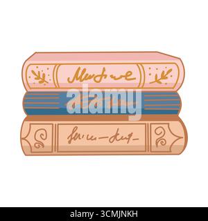 Niedliche Vektorbüchersammlung. Stapel mit drei Büchern. Bildungsthema. Weißer isolierter Hintergrund. Illustration der Vektorabwicklung. Bücher für Frauenprojekte. Stock Vektor