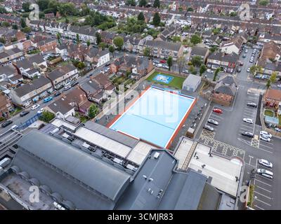 Aus der Vogelperspektive auf den Wohnteil von Kingston upon Hull (HU3), in der Nähe des MKM-Stadions, Großbritannien. Stockfoto