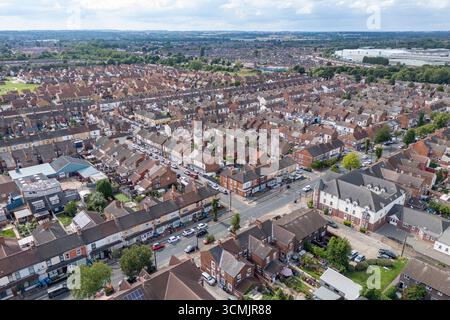 Aus der Vogelperspektive auf den Wohnteil von Kingston upon Hull (HU3), in der Nähe des MKM-Stadions, Großbritannien. Stockfoto