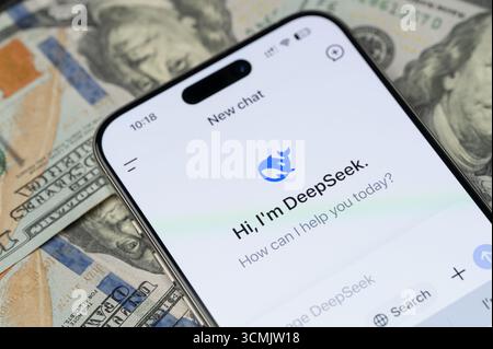 New York, USA - 12. September 2025: DeepSeek AI-Menü neuer Chat auf Smartphone-Bildschirm mit Dollarhintergrund Nahansicht Stockfoto