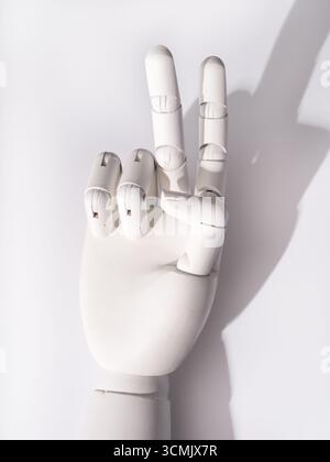 Die Hand des Roboters macht ein „V“-Zeichen Stockfoto
