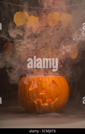 Geschnitzter Kürbis mit leuchtendem Gesicht setzt Rauch frei, umgeben von lebhaften Herbstblättern, die das unheimliche Ambiente für Halloween und die saisonale Feier verstärken Stockfoto