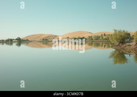 Sommerblick auf das Contra Loma Reservoir im East Bay Regional Park District. Die Fotos zeigen goldene Hänge, stille Wasserspiegelungen. Stockfoto