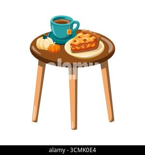 Runder Tisch mit Teetasse, Kürbiskuchen und Mini-Kürbissen. Herbst Cartoon Vektor isolierte Illustration auf weißem Hintergrund. Stock Vektor