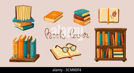 Cartoon-Vektor-Buch-Set mit Bücherregal und Lesezubehör. Vektor-isolierte Illustration auf weißem Hintergrund. Stock Vektor