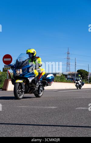 Zwei Motorradpolizisten patrouillieren auf der Straße. Stockfoto