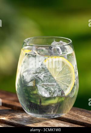 Glas Wasser mit Eis und Zitrone auf Holztisch im grünen sonnigen Sommergarten Stockfoto