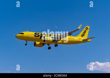 Harry Reid Flughafen 8-31-2025 Las Vegas NV USA Spirit Airlines Airbus A320neo N981NK Ankunft auf der Landebahn 1L am Harry Reid International Airport Stockfoto