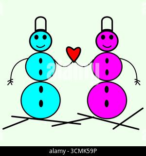 Schneemannspaar Vektor. Rote Herzverbindung. Blaue magentafarbene Zeichen. Symbol für Liebe. Stock Vektor