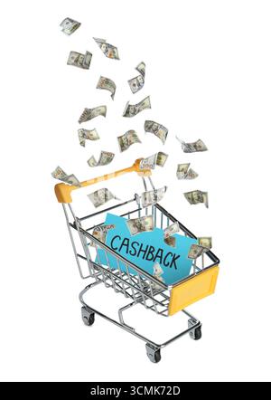 Geld fällt in den Warenkorb, mit Geldrückzahlung auf weißem Hintergrund Stockfoto