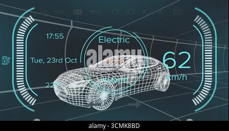 Drahtmodell mit Limousine, das HUD-Ringe und Tachometer im Gitterlinientunnel mit Datumsanzeige anzeigt Stockfoto