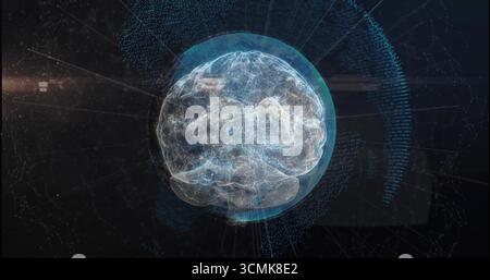 Schwimmendes holographisches Gehirn, das Datenknoten auf Netzlinien im Raster ausstrahlt und Lichtstreifen ausstrahlt Stockfoto
