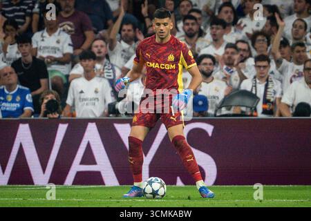 Madrid, Espagne. September 2025. Geronimo RULLI von Marseille während der UEFA Champions League, League-Phase, Fußballspiel am 1. Spieltag zwischen Real Madrid CF und Olympique de Marseille am 16. September 2025 im Santiago Bernabeu Stadion in Madrid, Spanien - Foto Matthieu Mirville/DPPI Credit: DPPI Media/Alamy Live News Stockfoto
