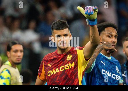 Madrid, Espagne. September 2025. Geronimo RULLI von Marseille während der UEFA Champions League, League-Phase, Fußballspiel am 1. Spieltag zwischen Real Madrid CF und Olympique de Marseille am 16. September 2025 im Santiago Bernabeu Stadion in Madrid, Spanien - Foto Matthieu Mirville/DPPI Credit: DPPI Media/Alamy Live News Stockfoto