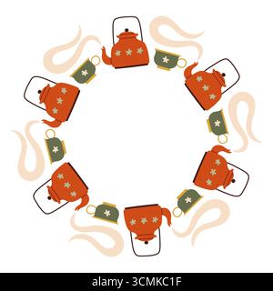 Herbstlicher Teekessel und Tassenrahmen. Runder Rand aus handgezeichneten Fallelementen mit Doodle. Im Kreis angeordnet für Aufkleber, Banner, Karten, Anzeigen Stock Vektor