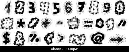 Schwarze Rasterzahlen und -Zeichen. Retro pixelige Satzzeichen und Zeichen. Comic-Symbole im Pop-Art-Stil. Grunge gerastert gepunktete Packung. Veraltete Bitmap-Zeitungen Typografie Set. Vektor Stock Vektor