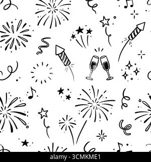 Nahtloses Muster mit Doodle-Feuerwerk. Festlicher Doodle-Hintergrund mit handgezeichnetem Glitzer, Konfetti und Party-Elementen für Geburtstag oder Neujahrsfeier nahtloses Muster. Vektorabbildung Stock Vektor