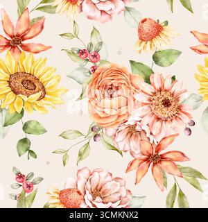Nahtloses Blumenmuster mit Sonnenblumen, Rosen und Herbstblüten in warmen Pfirsich-, Sand- und Burgundertönen. Teil des Golden Hour Sets, perfec Stockfoto
