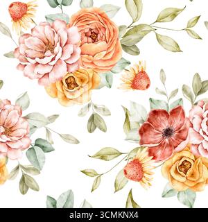 Nahtloses Blumenmuster in Aquarellfarben mit Sonnenblumen, Pfingstrosen, Rosen und Laub in warmen Herbsttönen. Perfekt für Stoff, Geschenkpapier oder saisonale Anwendungen Stockfoto