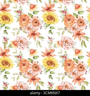 Nahtloses Blumenmuster in Aquarellfarben mit Sonnenblumen, Pfingstrosen, Rosen und Laub in warmen Herbsttönen. Perfekt für Stoff, Geschenkpapier oder saisonale Anwendungen Stockfoto