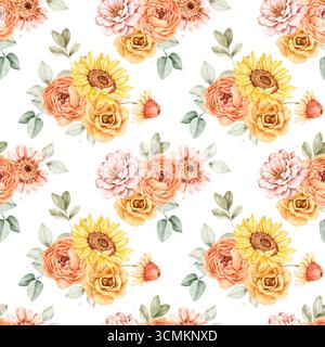 Nahtloses Blumenmuster in Aquarellfarben mit Sonnenblumen, Pfingstrosen, Rosen und Laub in warmen Herbsttönen. Perfekt für Stoff, Geschenkpapier oder saisonale Anwendungen Stockfoto