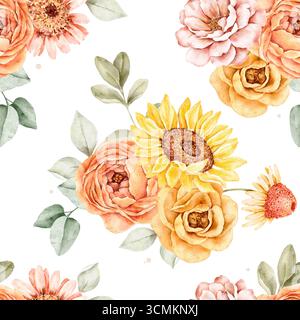 Nahtloses Blumenmuster in Aquarellfarben mit Sonnenblumen, Pfingstrosen, Rosen und Laub in warmen Herbsttönen. Perfekt für Stoff, Geschenkpapier oder saisonale Anwendungen Stockfoto