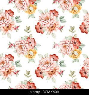 Nahtlos handgezeichnetes Blumenmuster mit Rosen, Sonnenblumen und Herbstblüten in zarten Pfirsich- und Burgundertönen. Perfekt für Textilien, Verpackungen, Hochzeiten Stockfoto