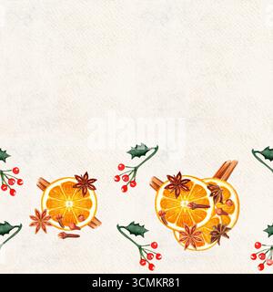 Orangenscheiben mit Zimtstäbchen, Anissternen, Nelken, stechpalmenblätter, rote Beeren Aquarellrand auf strukturiertem Papier. Perfekt für festliche Veranstaltungen Stockfoto