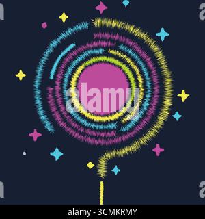 Ein rundes Feuerwerk aus konzentrischen Ringen und winzigen Sternen, das einen verspielten kosmischen Look erzeugt Stock Vektor