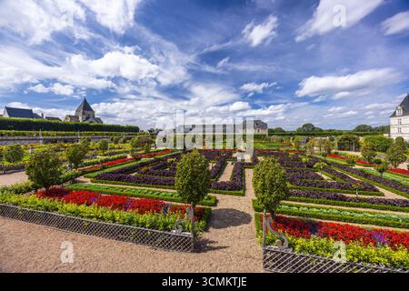 Dekorativer Küchengarten auf dem Gelände des Chateau de Villandry, Loire-Tal, Frankreich, unter einem wolkigen Sommerhimmel Stockfoto