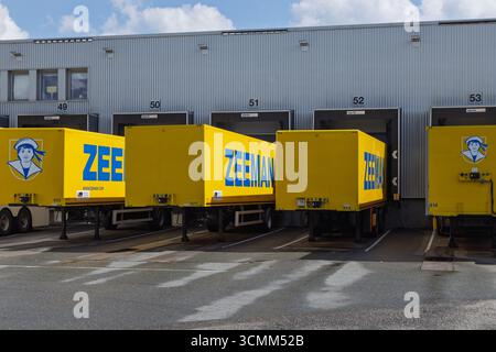 Das Zeeman-Hauptquartier in Alphen aan den Rijn zeigt mehrere gelbe Lastwagen mit Anhängern, die an den Laderampen geparkt sind. Alphen aan den Rijn, Netherla Stockfoto